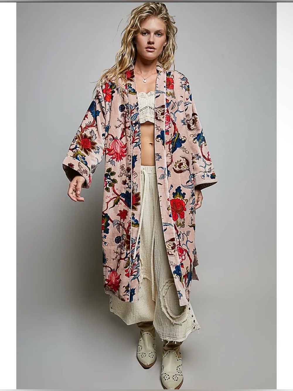 POL Pink Floral Velvet Embroidered Kimono Robe with Multicolor Accents